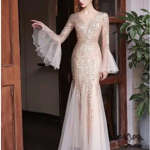 1920s style Mermaid V-Neck Long Sleeve Maxi Wedding Prom Dress with Sequins